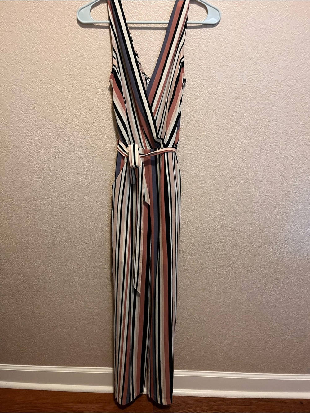 Monteau Striped Sleeveless Wrap Jumpsuit in White, Black & Rust